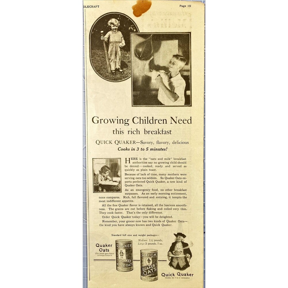 Quaker Oats "Growing Children Need this Rich Breakfast" Vintage Print Ad 1925